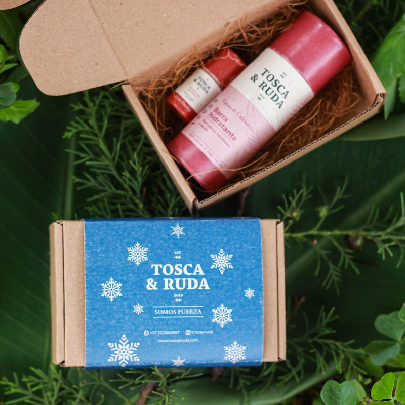 Crema y labial dentro de caja de carton sobre plantas y caja azul cerrada al lado